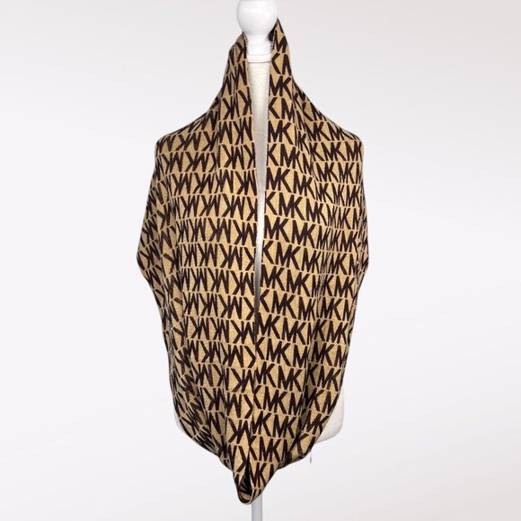 Michael Kors MK Logo Infinity Scarf Tan Brown Acrylic Knit Loop Wrap - Picture 1 of 8